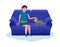 Young woman playing with cat sitting on sofa. Calm evening pastime concept