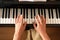 Young woman playing piano, above view. Music lesson