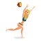 Young woman playing volleyball. Girl jumping for the ball