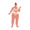 Young woman with plump fat curvy body, standing in bikini. Pretty plus-size chubby girl in swimsuit. Modern chunky