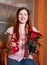 Young woman with Poinsettia flowers