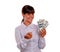 Young woman pointing at you and holding dollars
