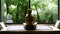 Young Woman with Ponytail Hair Doing Yoga Meditation Sitting Before Big Window