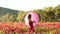 Young woman in poppy feild. Relaxing and provence. Freedom on nature. Young woman walking on spring meadow. Lovely young