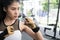 Young woman posing in combat stance in fitness center. female at