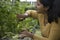 Young woman in profile picking some aromatic herbs mint, rosemary, oregano, thyme from a flower bed