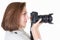 Young woman profile talking pictures in white background