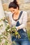 Young woman pruning tree bush autumn garden