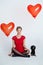 Young Woman and Puppy with Red Heart Balloons