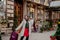 Young woman with purchases in new year shop. Christmas sale, black friday