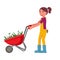 Young woman push trolley cart with flower sprout