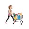 Young woman pushing supermarket shopping cart full of groceries. Flat style vector illustration isolated on white background