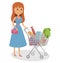 Young woman pushing supermarket shopping cart full of groceries. Flat style vector illustration on white background.