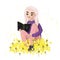 Young woman reading a book and sitting on a yellow flower hill. Illustration for children. Hand drawn