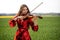 Young woman in red dress playing violin in green meadow - image