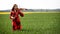 Young woman in red dress playing violin in green meadow - image