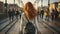 Young Woman with Red Hair Explores the City. Generative AI