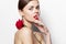 Young woman Red lips clear skin rose attractive appearance