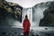 A young woman in a red raincoat standing in front of a powerful Skogafoss waterfall in Iceland, rear view of a Woman overlooking a
