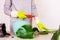 A young woman with a red scoop in her hand plants a monstera indoor tropical plant in a flower pot against a white wall