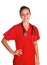 Young Woman in Red Scrubs