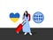 Young woman refugee and heart symbol, Ukraine flag colors and globe icon