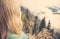 Young Woman relaxing outdoor on mountain summit with aerial view