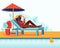 A young woman is relaxing in a sun lounger by the pool. Woman drinks cocktail. Summer vacation, pool party concept. Vector