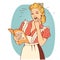 Young woman with retro clothes cooking on kitchen room.Retro style color hand drawn illustration