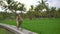 A young woman rides through the beautiful rice field on a bicycle. Travel to South-East Asia concept. Slow motion shot