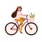 Young Woman rides on the bicycle. Elegant Lady on the bicycle with flowers. Healthy activity outside. Cyclists