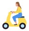 Young woman rides a yellow scooter, casual attire with blue jeans. Solo traveler exploring city, leisure activity. Woman