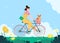 young woman riding bike with puppy dog going outing in spring flat vector illustration.