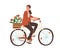 Young woman riding city bicycle in retro style with wooden box of spring flowers. Cycling female character isolated on