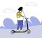 Young woman riding on electric scooter. Micromobility illustration. Teen with yellow backpack moving forward, oudoors