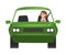 Young Woman Riding Green Car, Front View of Cheerful Girl Driver Driving Vehicle Cartoon Vector Illustration