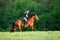 Young woman is riding a horse in summertime