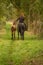 Young woman riding without saddle on her beautiful brown mare, yellow foal next to them, in the autumn forest. seen from behind