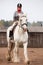 Young woman riding shire horse i