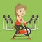 Young woman riding stationary bicycle.