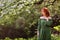 Young woman in romantic green dress in a blooming apple garden.