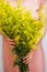 Young woman in a rosy dress holding a bunch of colorful picked w