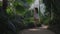 Young woman is running on path of big greenhouse