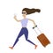 Young woman running with a suitcase. Stylish girl with a luggage bag. Traveling concept. Vector illustration in flat