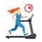 Young woman running on a treadmill isolated on white background. 20 minutes run.