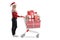 Young woman with a santa claus hat pushing a shopping cart with christmas presents