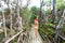 Young Woman in Santa Claus Hat Walk across Authentic Wooden Bridge. Celebrating New Year in hot country