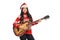 Young woman with a Santa hat playing a guitar