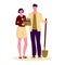 Young woman with seedlings of flowers and a young man with a shovel. Farmers gardeners are going to plant plants. Vector
