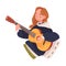 Young Woman in Self-isolation Playing Guitar Leaning on Pillow Vector Illustration